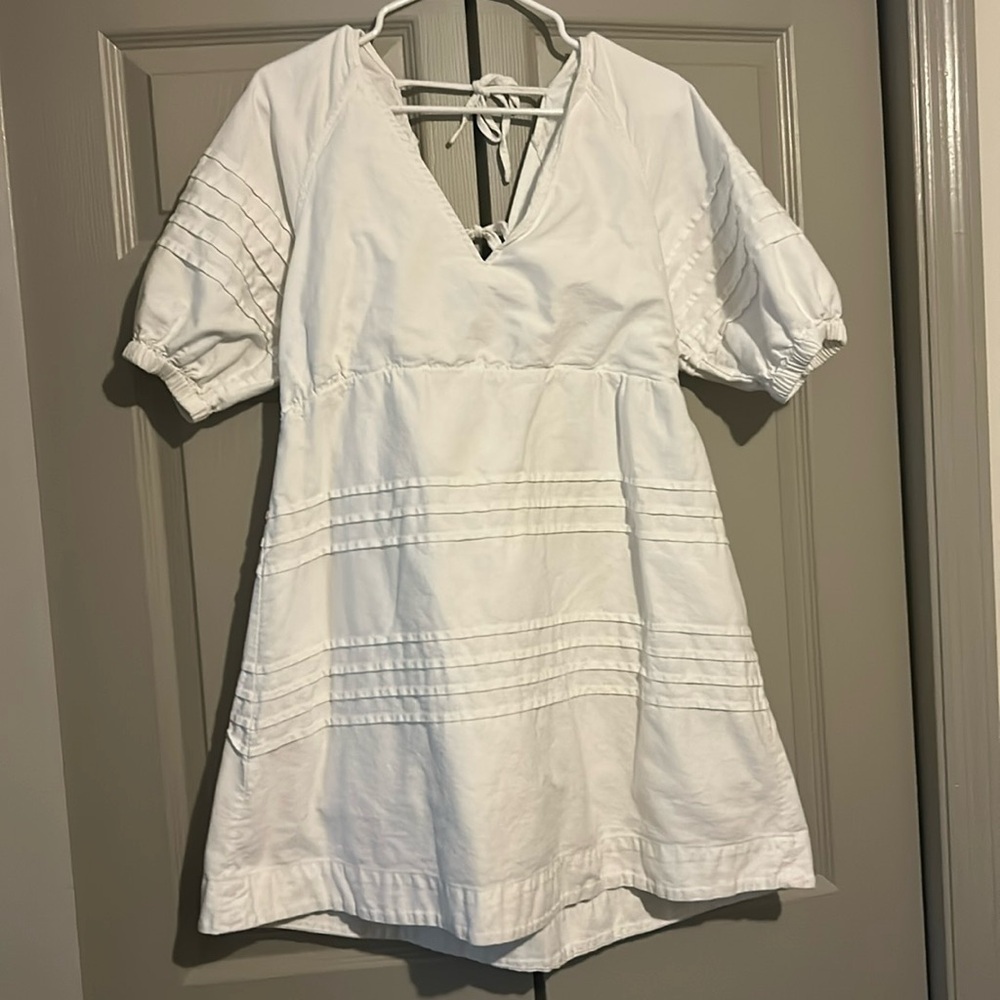 7 For All Mankind White Puff Sleeve Babydoll Mini Tie Back Dress Large